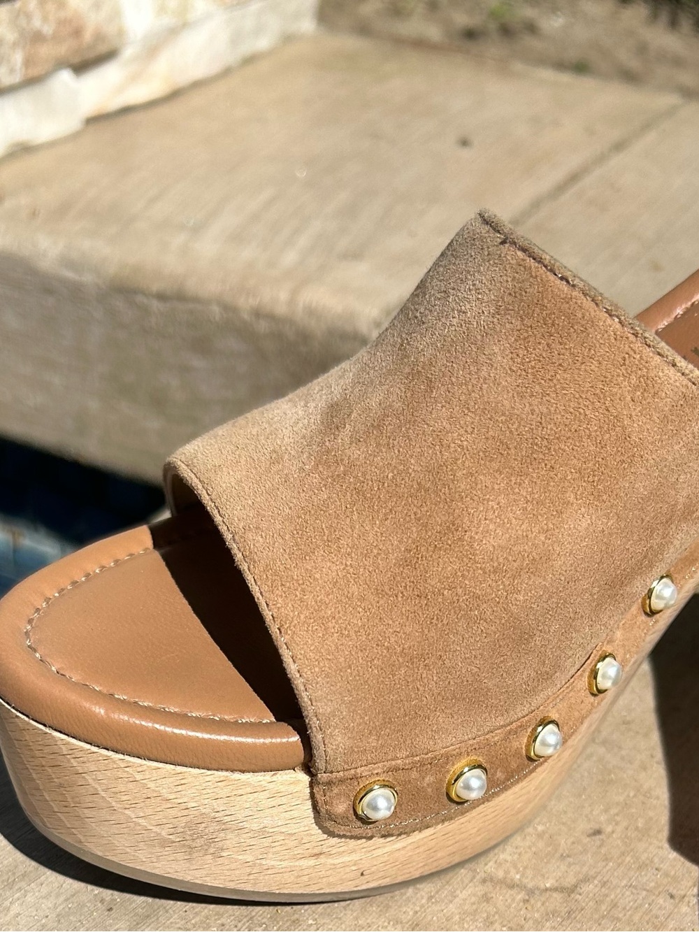 Stuart Weitzman Tan Suede Pearl-Trim Platform Mules - Picture 7 of 8